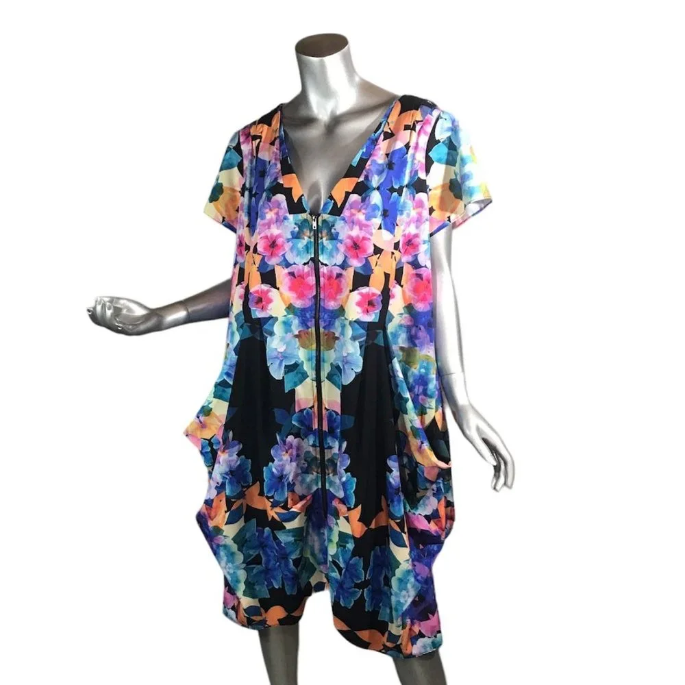 City Chic Women's XL / 22 Zip Front Shift Midi Dress Pockets Wearable Art Beauti